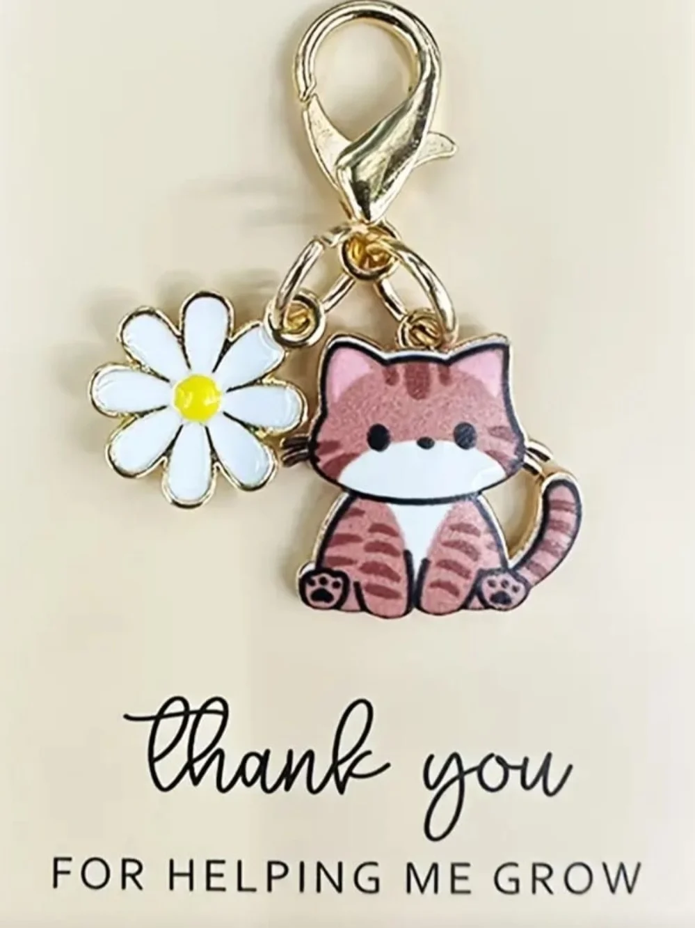 Cute Gray Cat and Daisy Pet Collar Charm - Gold Hardware